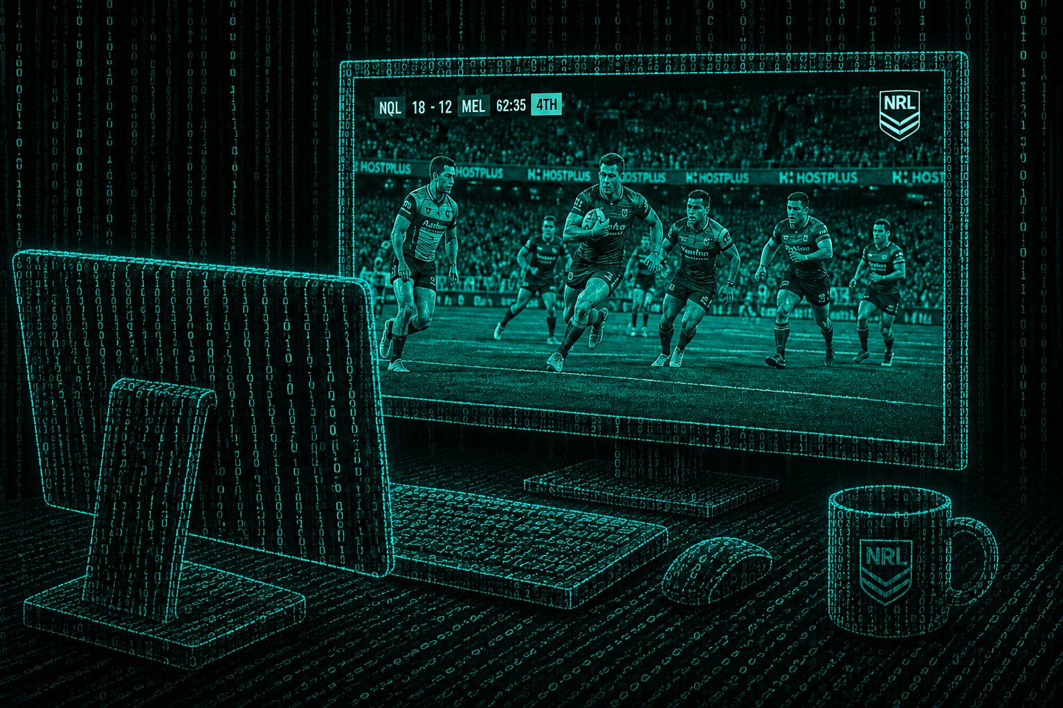 A rugby league broadcast playing on a monitor, drawn as a glowing teal wireframe over falling streams of binary digits.